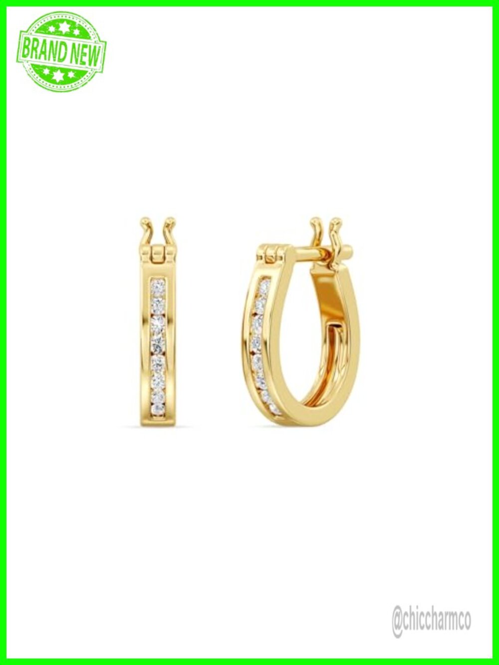 14KT Gold Plated Sterling Silver Diamond Hoop Earrings Hinged Huggie